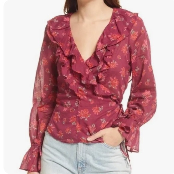 Free People XS Tie Closure Ruffle Amanda Floral Top Blouse - NWT - Picture 2 of 7